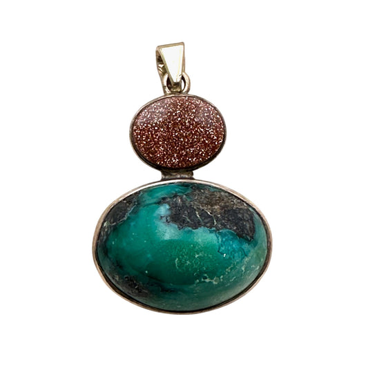 10k Yellow Gold Pendant Blue Green Turquoise & Gold Stone Unique Unusual