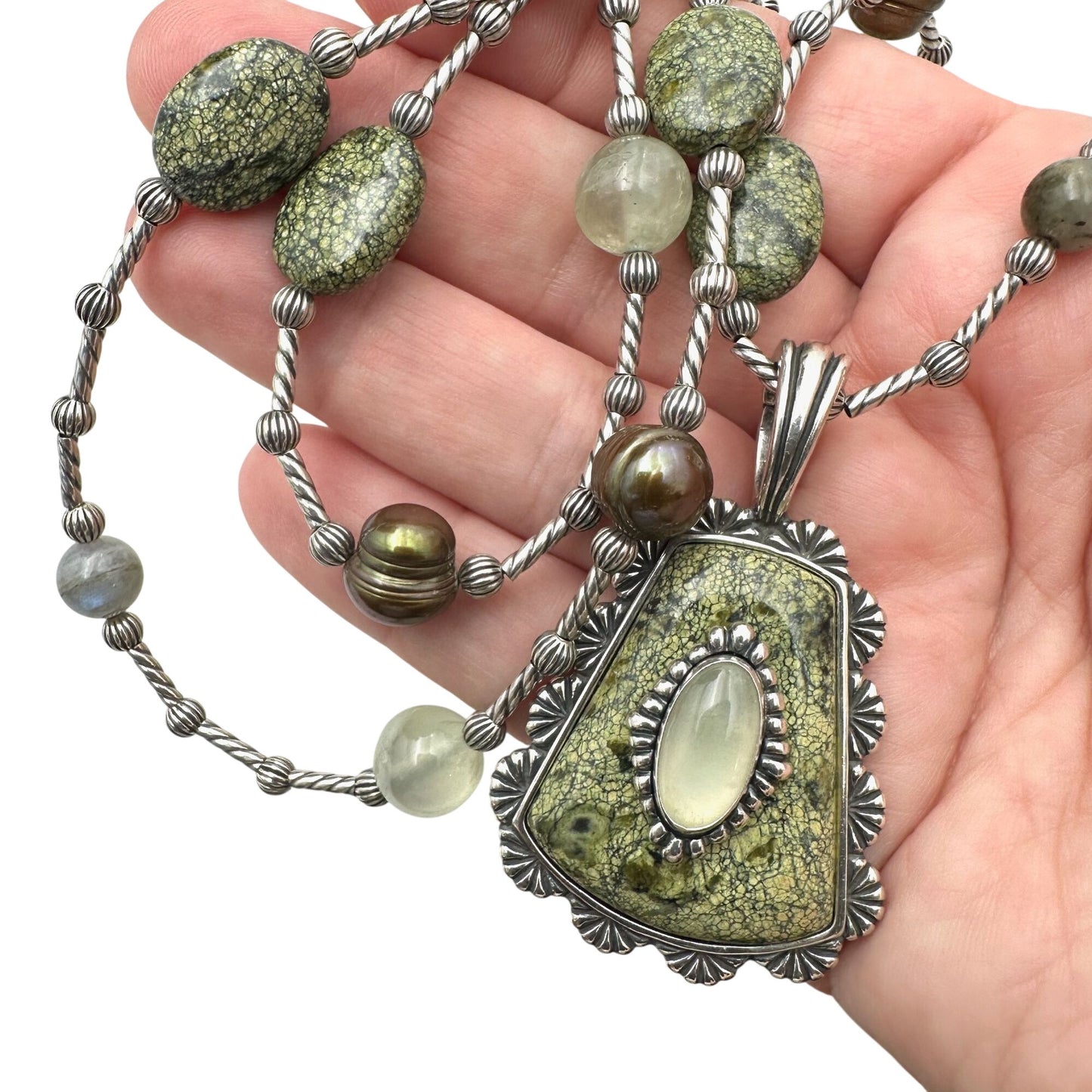 Carolyn Pollack Green Serpentine Prehnite Sterling Silver Pendant Necklace