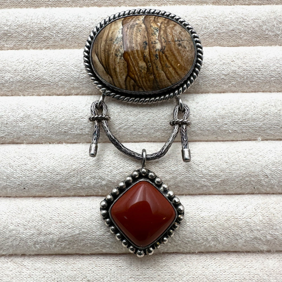 Suarti Coral & Picture Jasper Sterling Silver Pin Pendant 2.5 Inch Indonesian