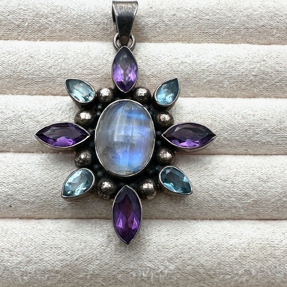 Moonstone Amethyst Blue Topaz Sterling Silver Pendant 2.5 Inch