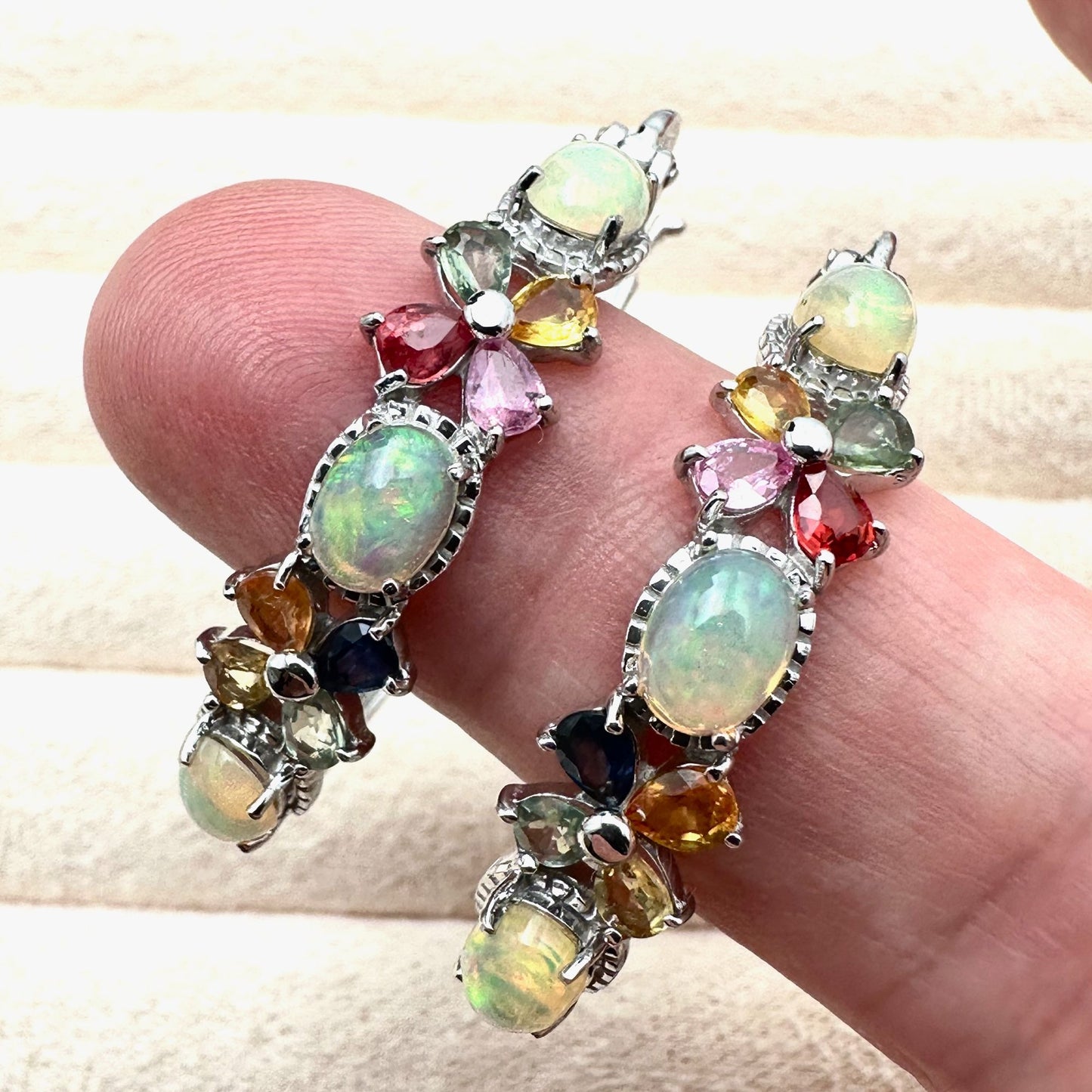 D Joy Opal Multi Gemstone Sterling Silver Hoop Earrings 1.5 Inch Pierced
