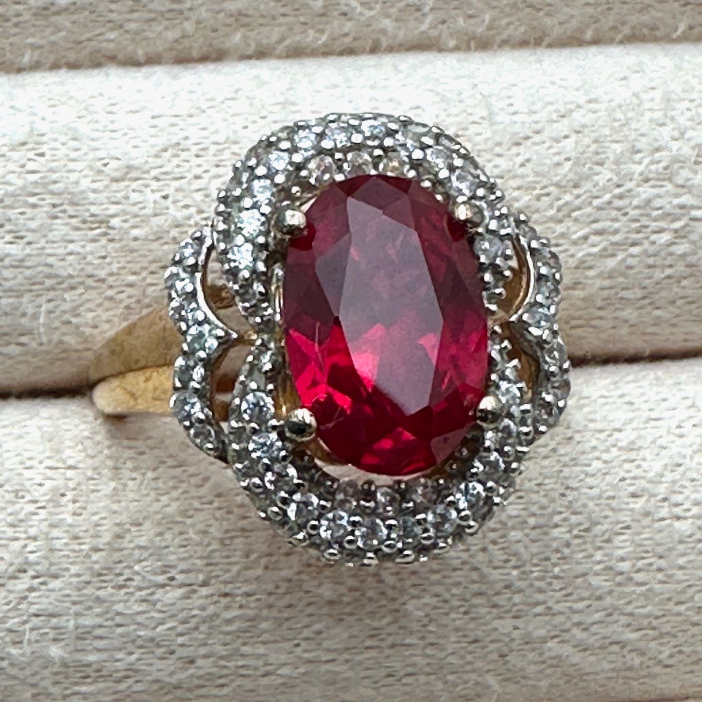 Vintage Red Ruby Diamond Ring Gold Plated Sterling Silver Size 8