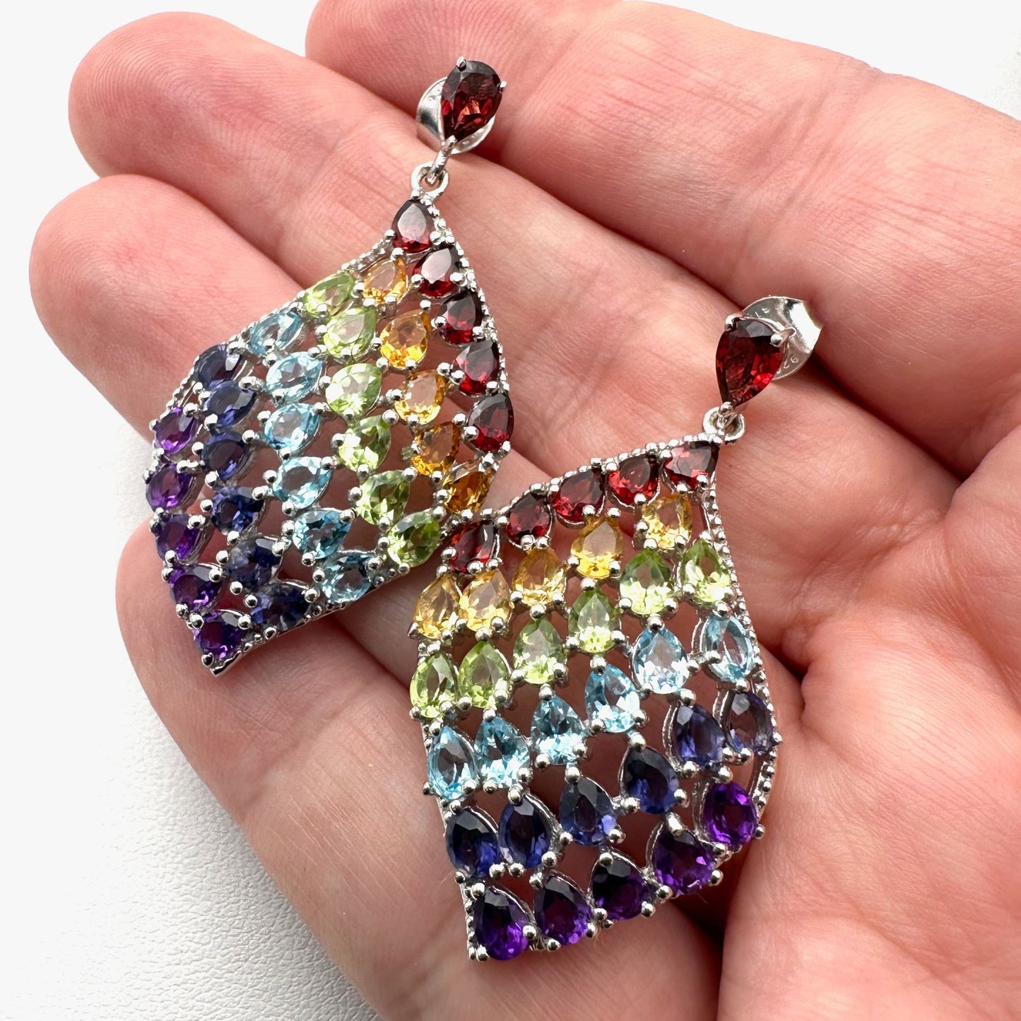 Chuck Clemency Earrings Multi Gemstone Sterling Silver Pierced 1.5 Inch