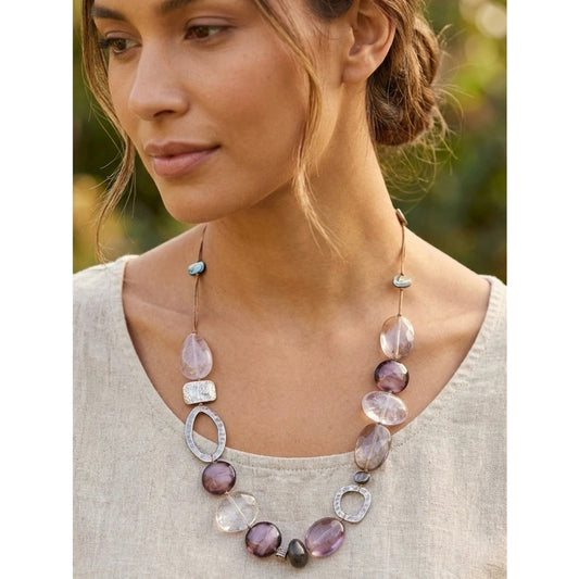 Silpada 925 Silver Long Necklace Purple Amethyst Feldspar Quartz Shell 23 Inch