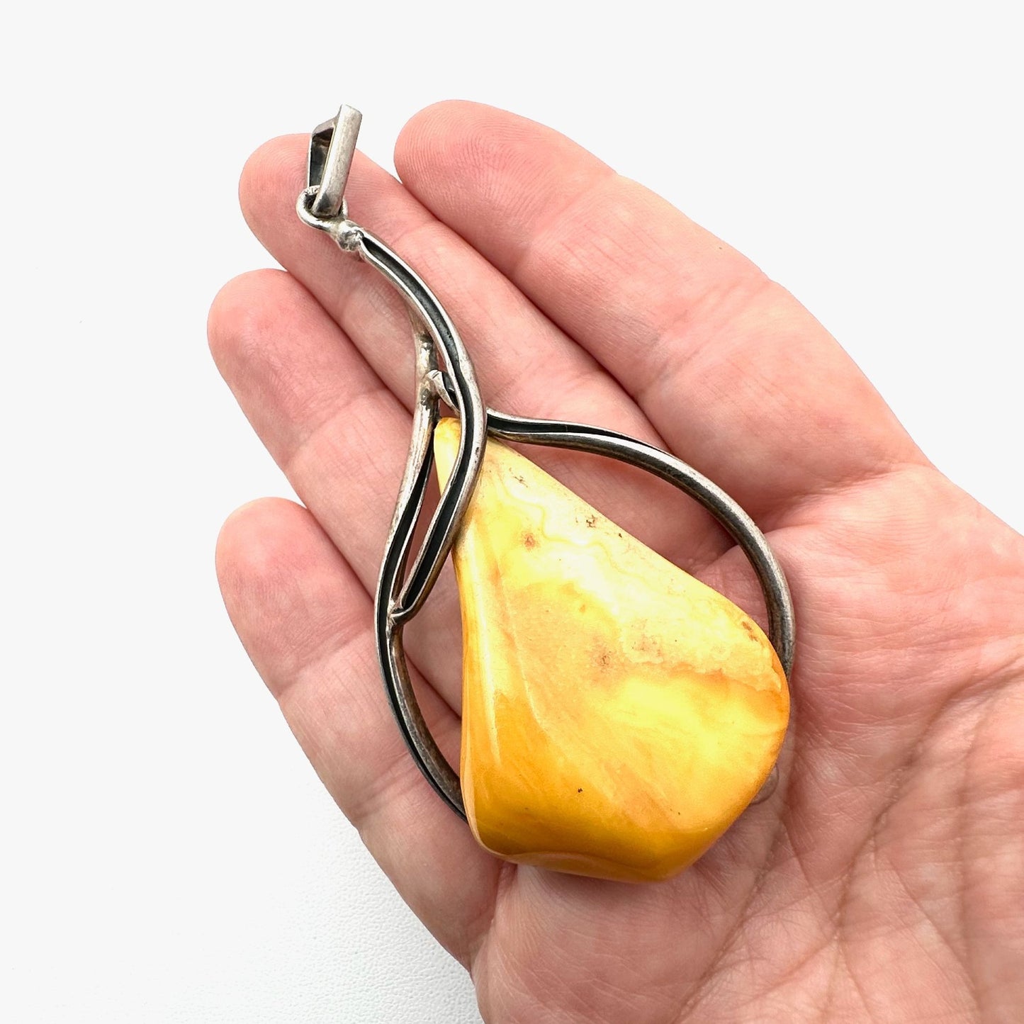 Vintage Mid Century Huge Natural Amber Sterling Silver Pendant 3.5 Inch