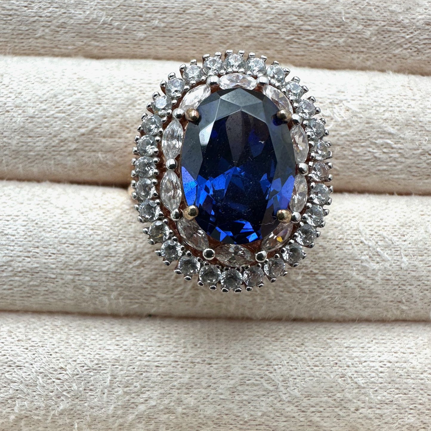 Blue Spinel Ring Oval Cut Halo Statement Gold Plated Sterling Silver Size 8