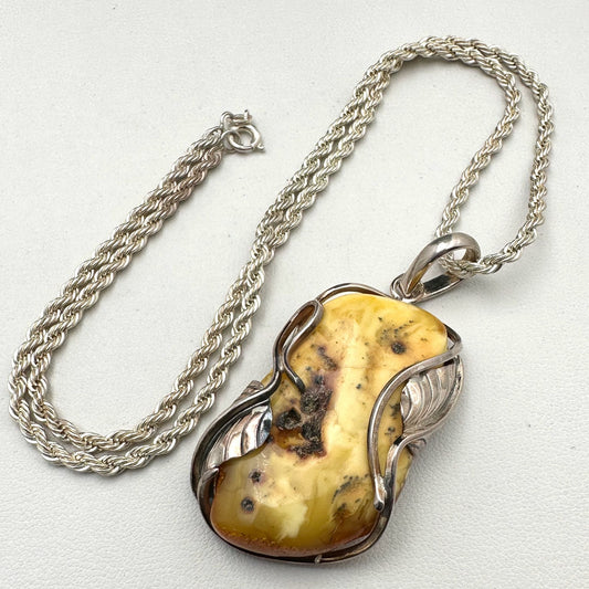 Vintage Natural Amber Sterling Silver 2 Inch Pendant Necklace 18 Inch Chain