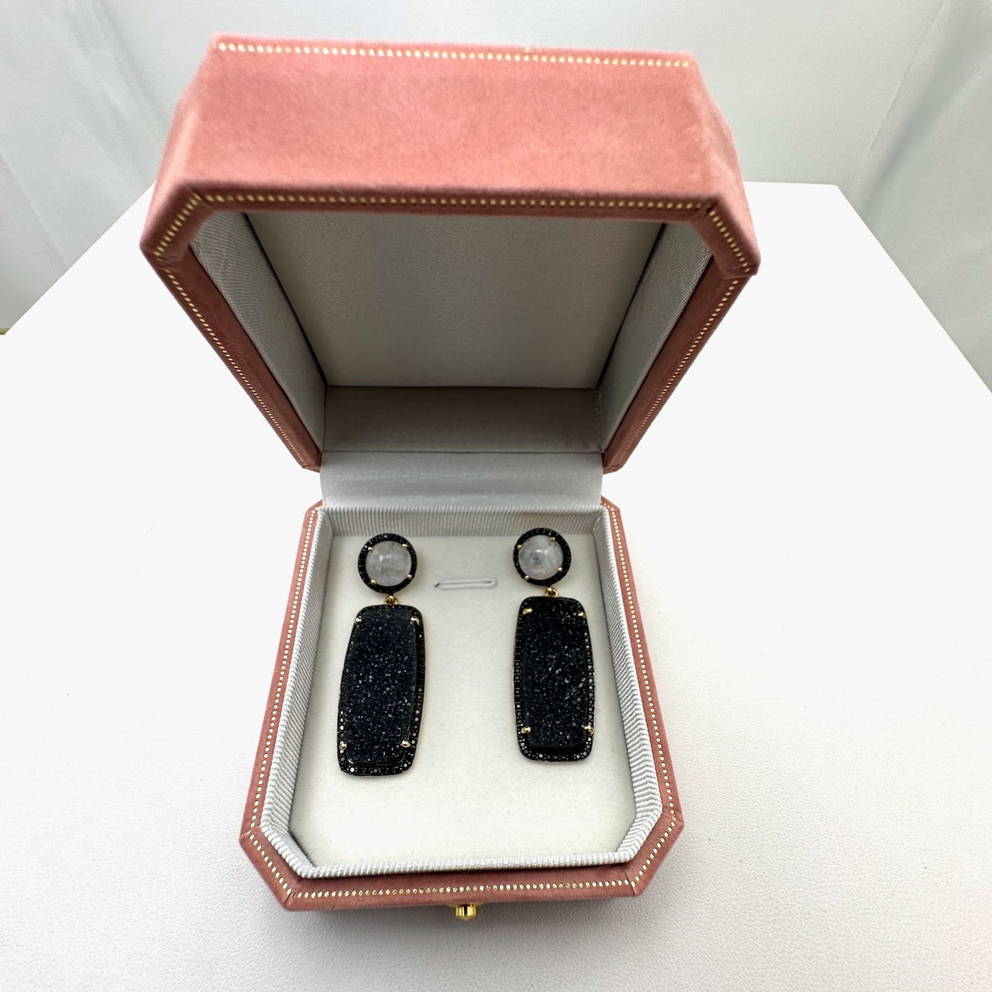 Rarities by Carol Brodie Moonstone Druzy Quartz Black Spinel Earrings Pierced