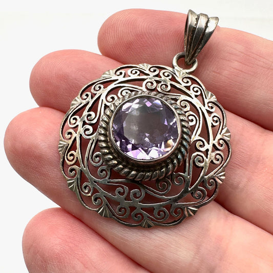 Purple Amethyst Gemstone Sterling Silver Filigree Pendant 1.5 Inch