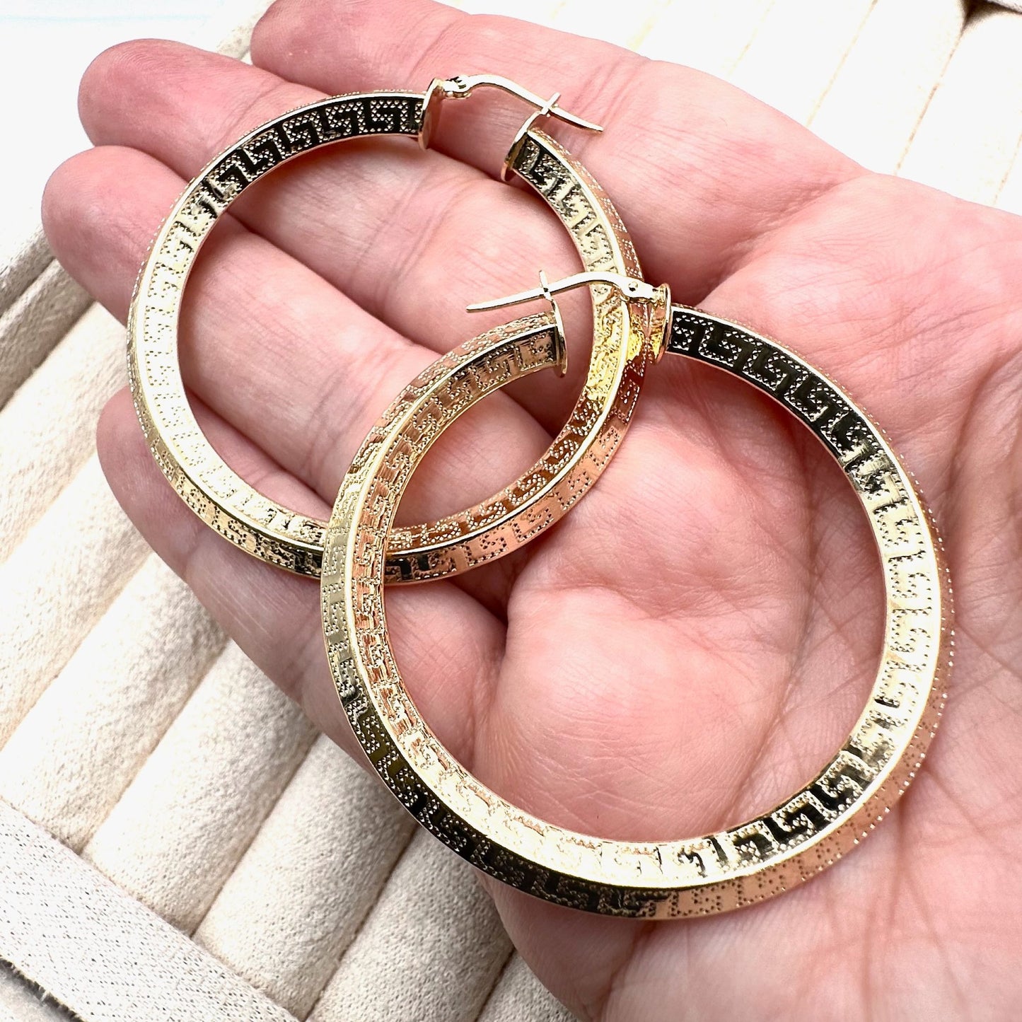 Moda Al Massimo Italy 18K Gold Plated Bronze Green Key 2 Inch Hoops Pierced