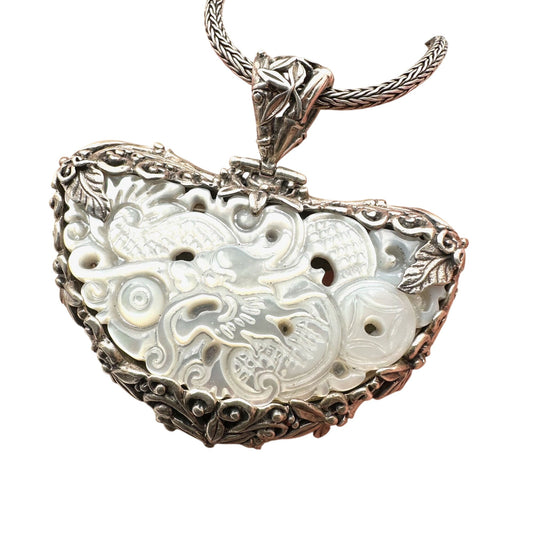 Sarda Necklace Carved Mother of Pearl Pendant Sterling Silver 18 to 20 Inch