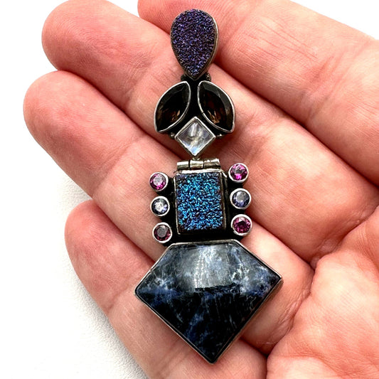 Nicky Butler Multi Gemstone Druzy Quartz Sterling Silver Pendant 2.5 Inch