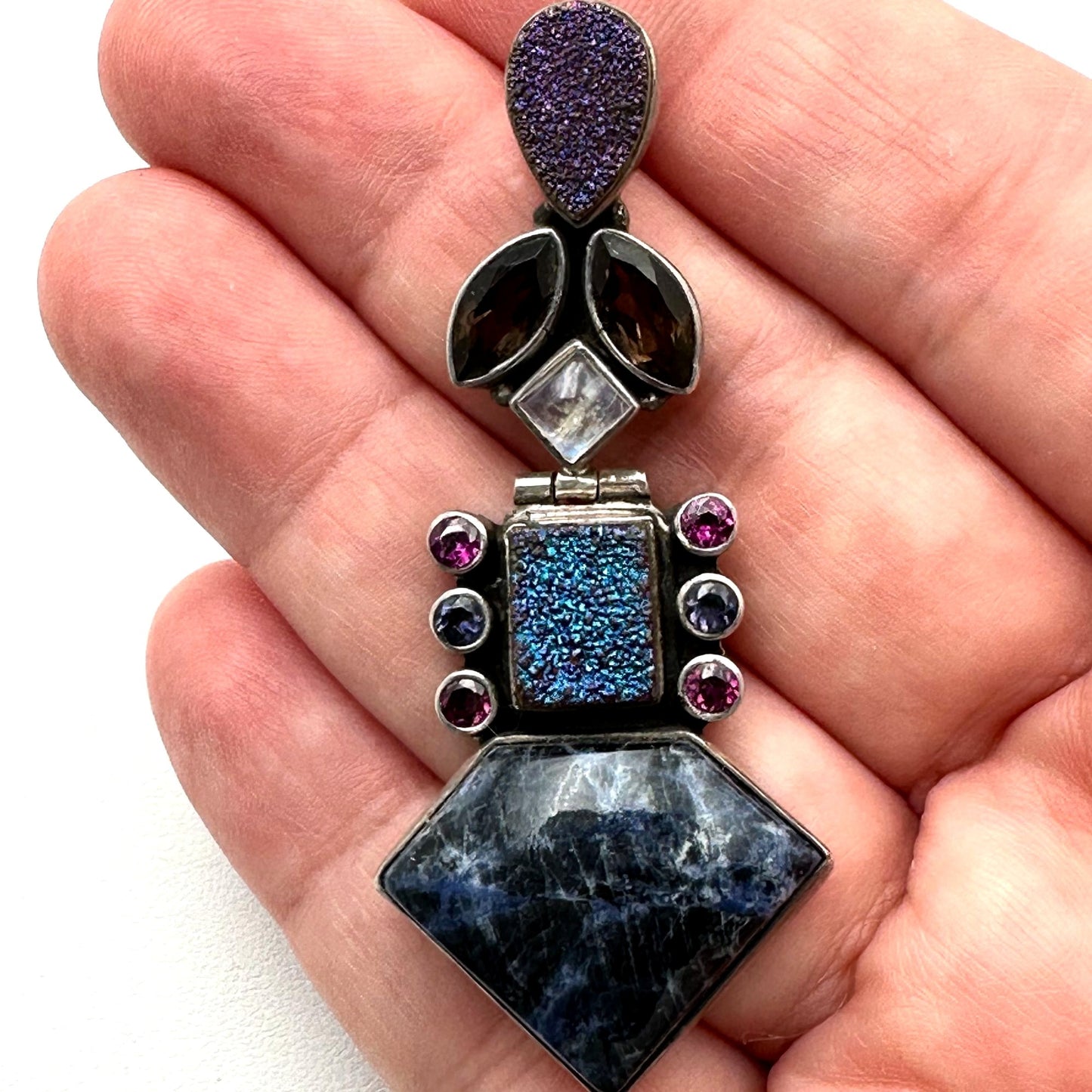 Nicky Butler Multi Gemstone Druzy Quartz Sterling Silver Pendant 2.5 Inch