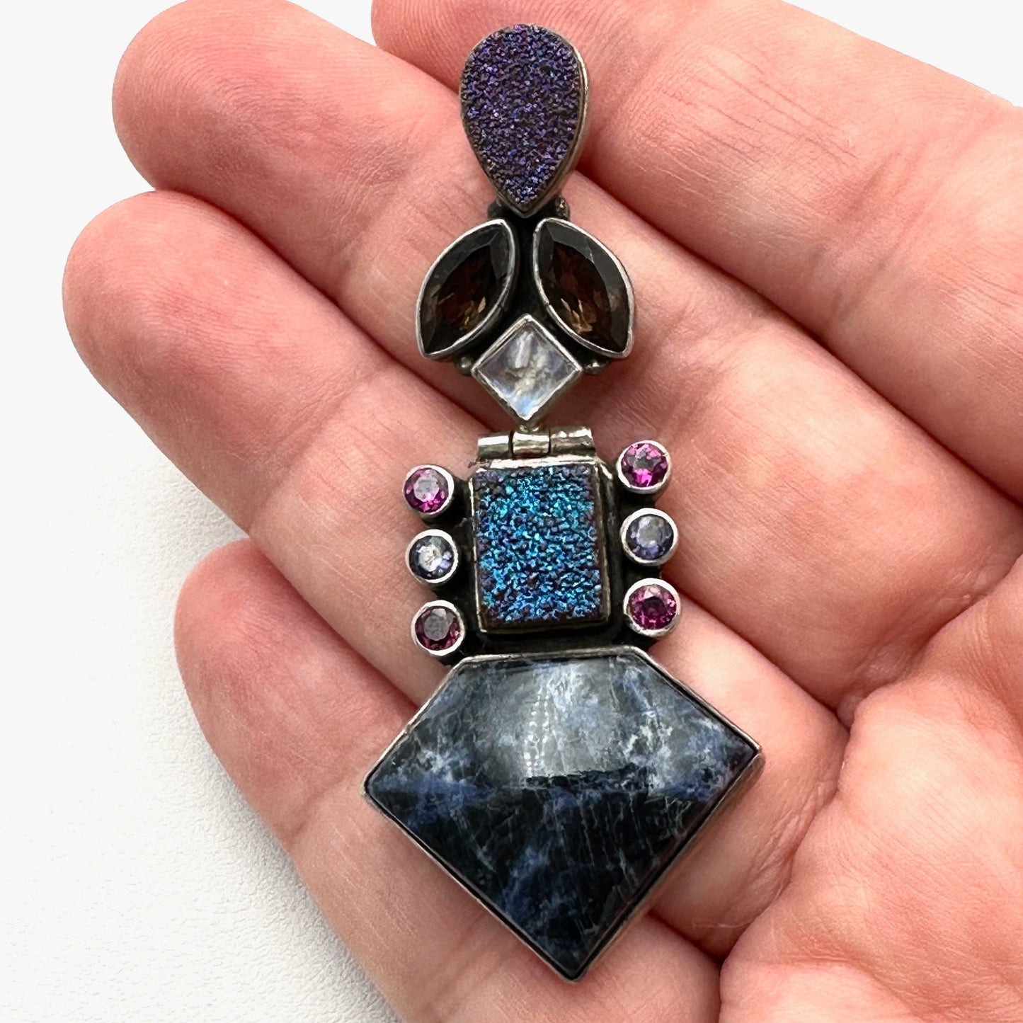 Nicky Butler Multi Gemstone Druzy Quartz Sterling Silver Pendant 2.5 Inch