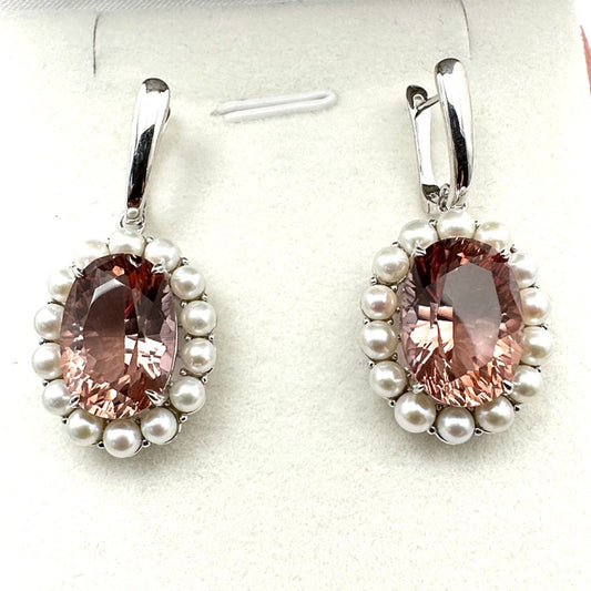Pink Zandrite Freshwater Pearl Sterling Silver Pierced Earrings Signed BBJ