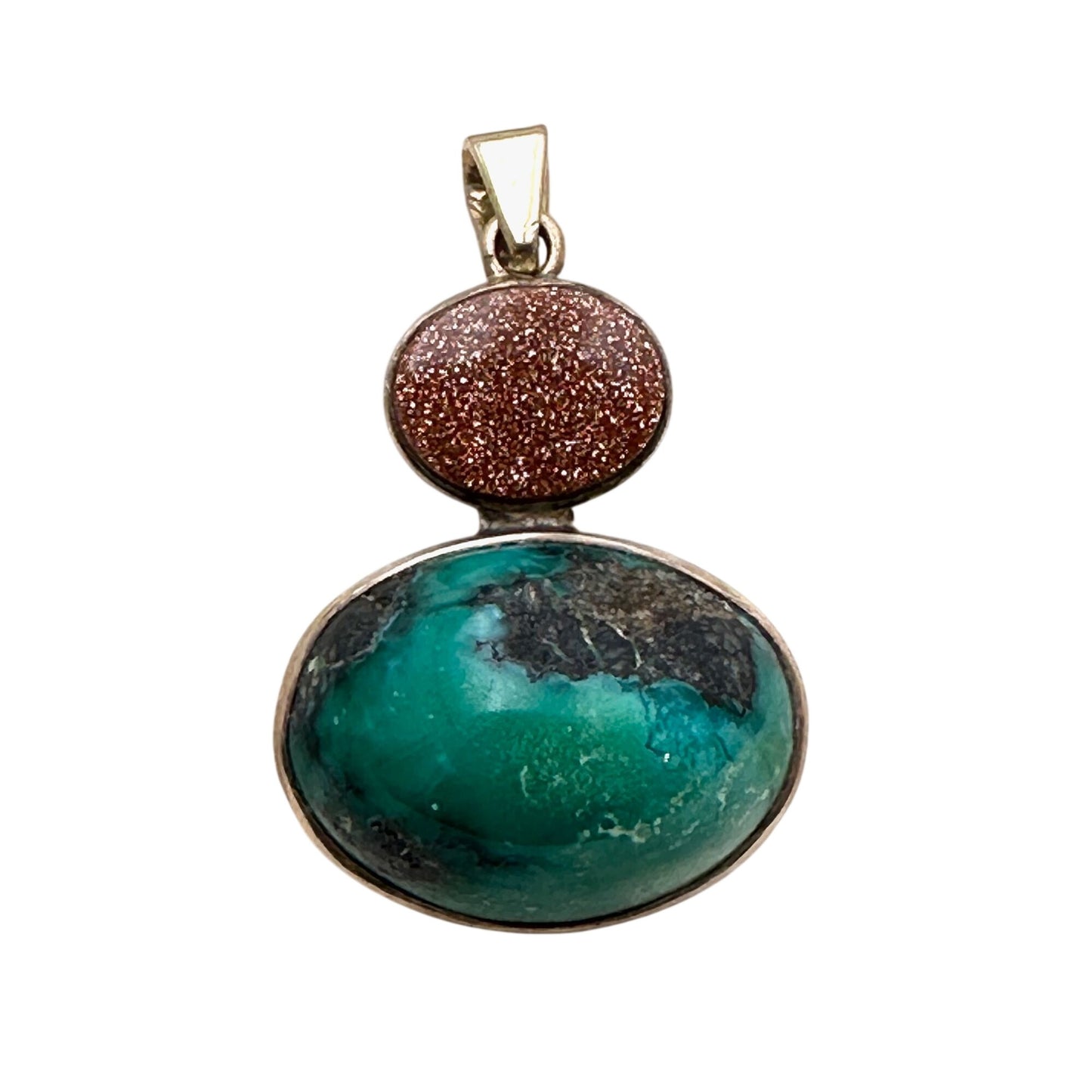 10k Yellow Gold Pendant Blue Green Turquoise & Gold Stone Unique Unusual