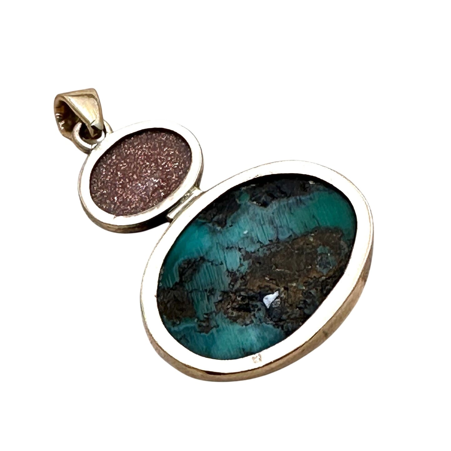 10k Yellow Gold Pendant Blue Green Turquoise & Gold Stone Unique Unusual