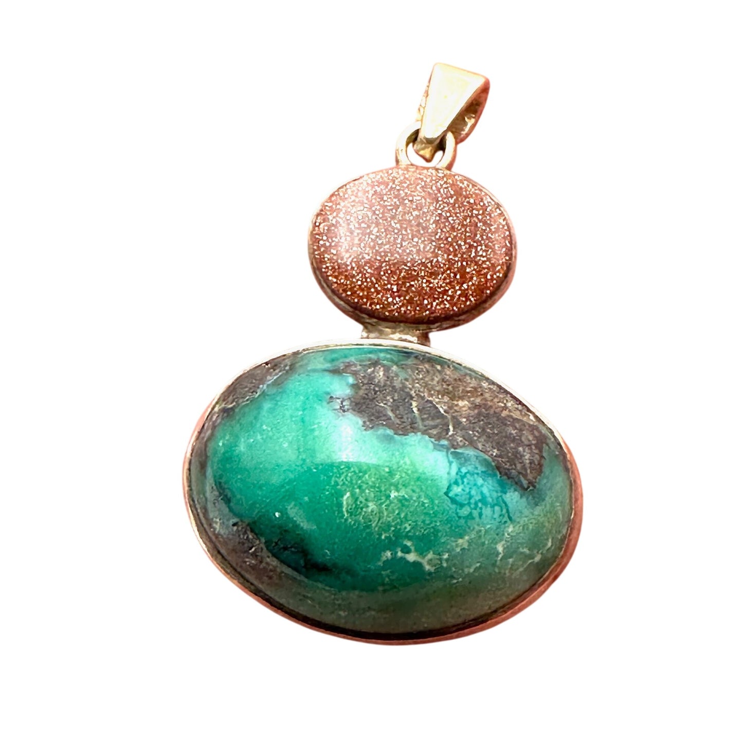 10k Yellow Gold Pendant Blue Green Turquoise & Gold Stone Unique Unusual