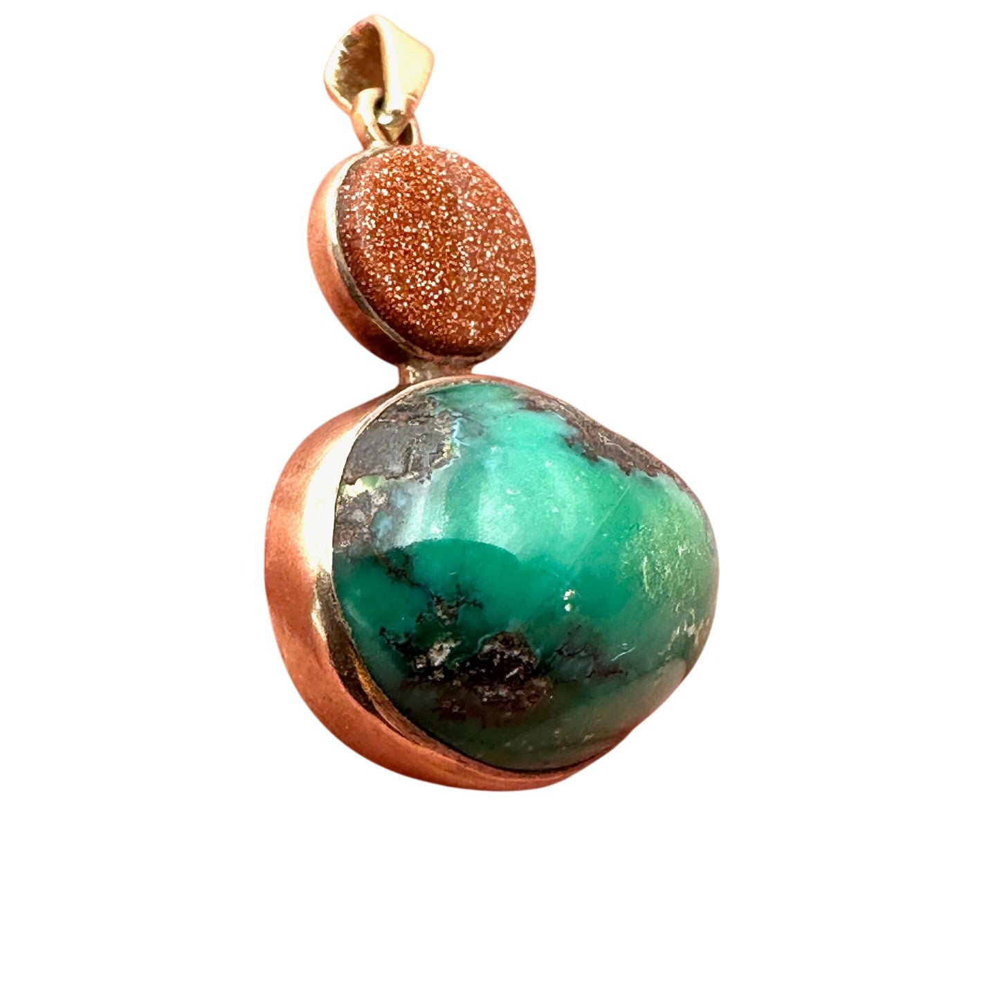 10k Yellow Gold Pendant Blue Green Turquoise & Gold Stone Unique Unusual