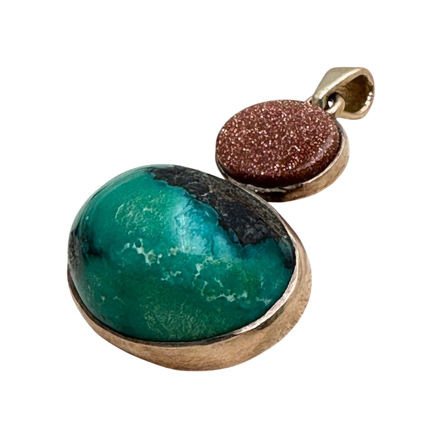 10k Yellow Gold Pendant Blue Green Turquoise & Gold Stone Unique Unusual