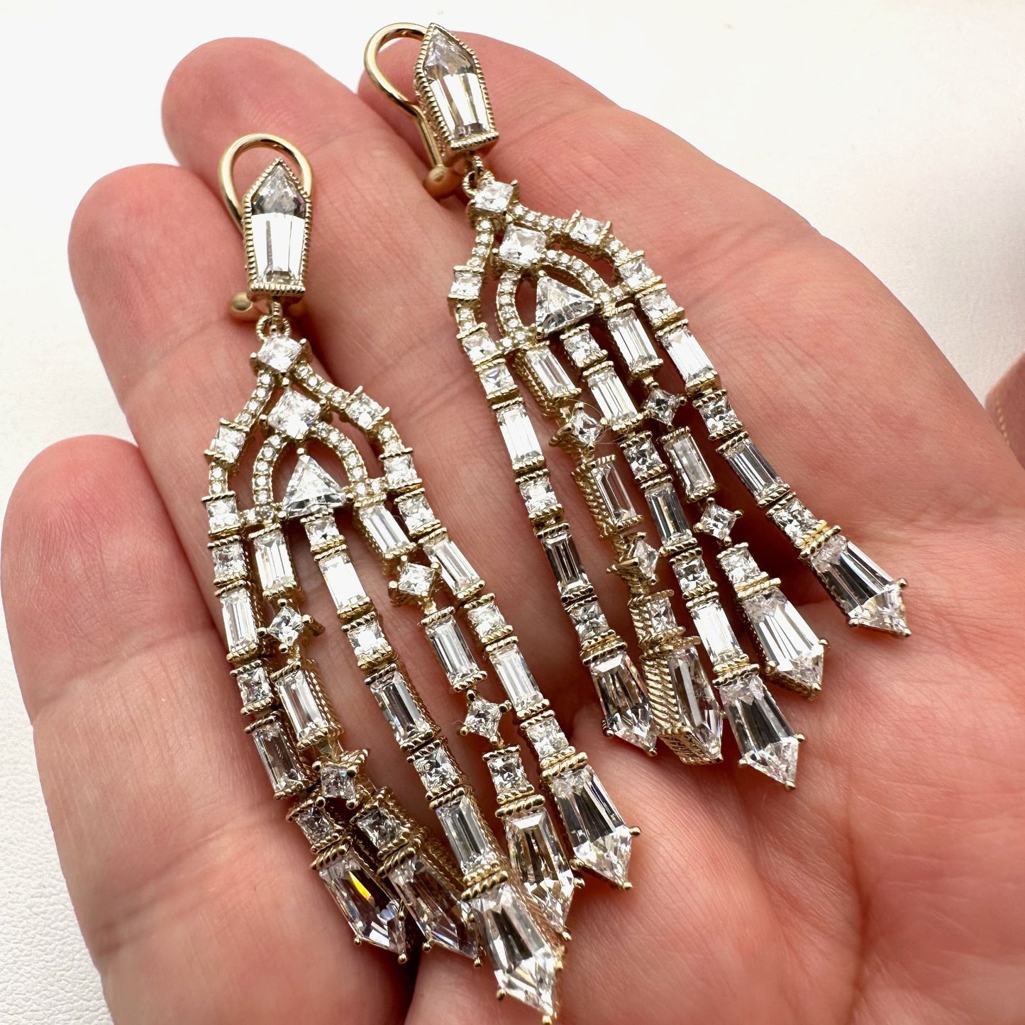 Cubic Zirconia Chandelier Pierced Earrings Gold Plated Sterling Silver