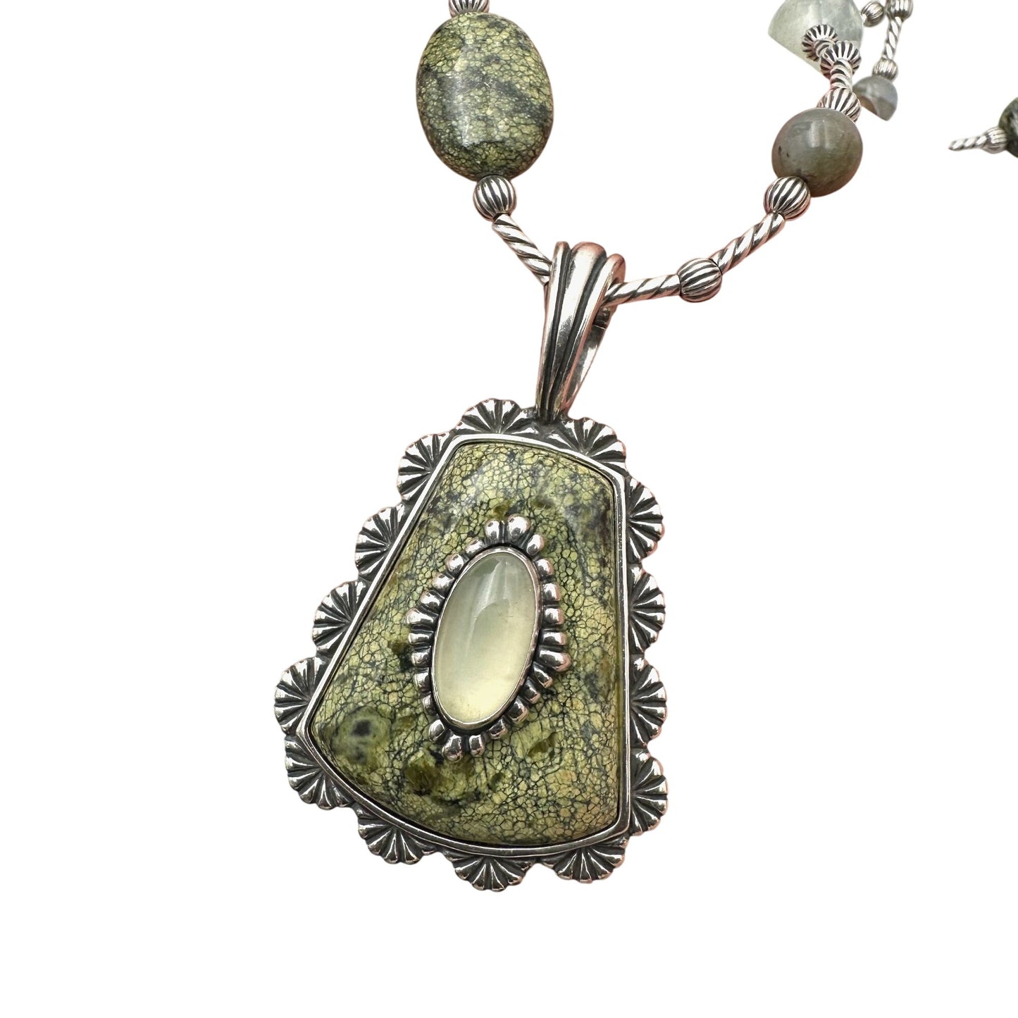 Carolyn Pollack Green Serpentine Prehnite Sterling Silver Pendant Necklace