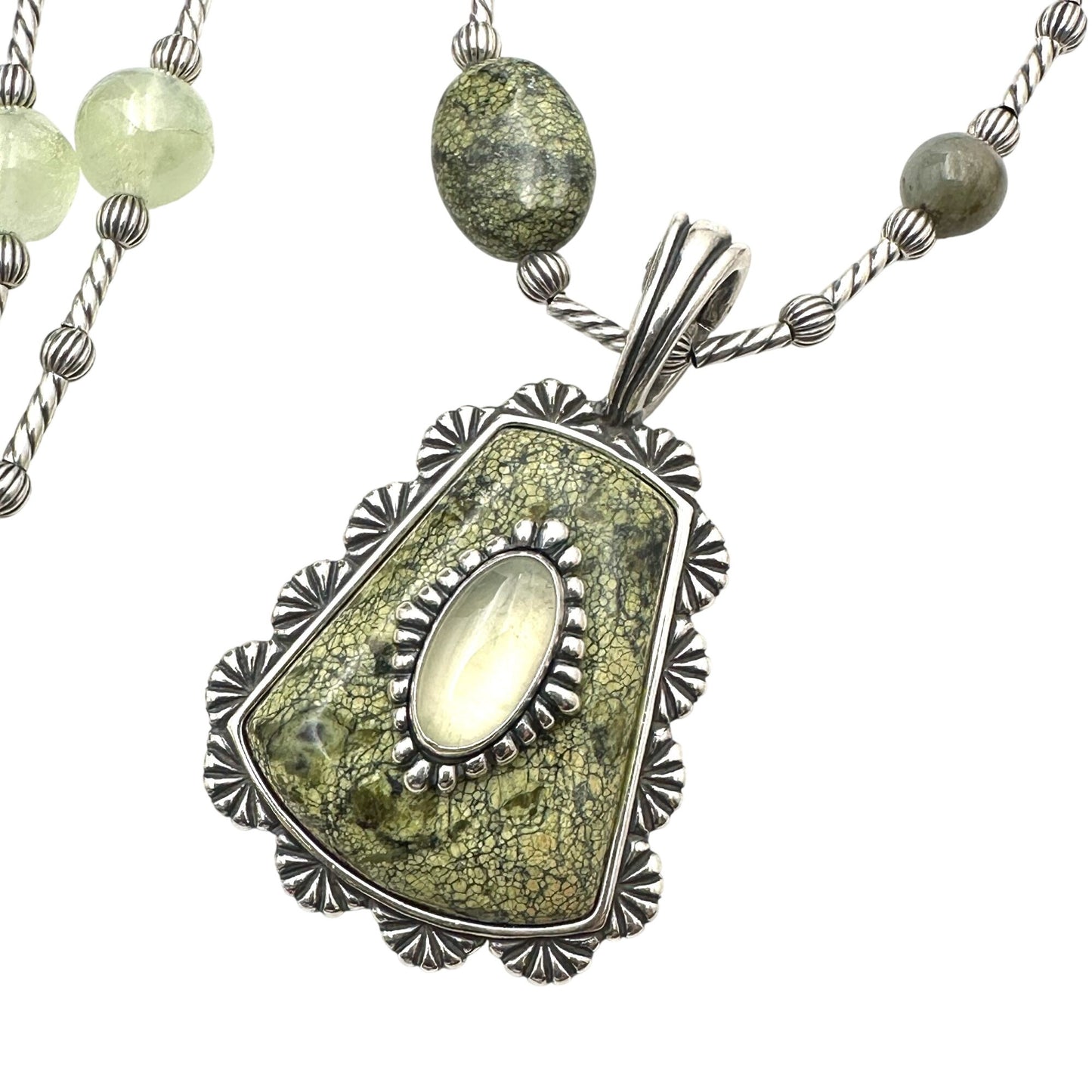Carolyn Pollack Green Serpentine Prehnite Sterling Silver Pendant Necklace
