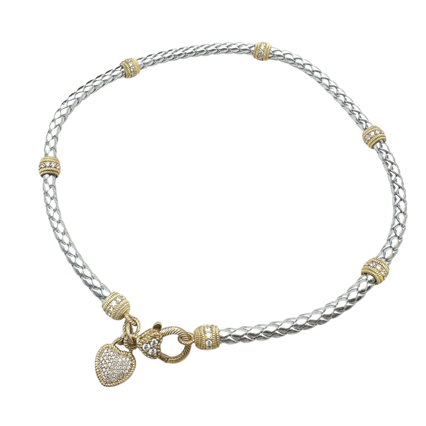 Judith Ripka Necklace 14K Gold Plated Sterling Silver Braided Cord CZ 17 Inch