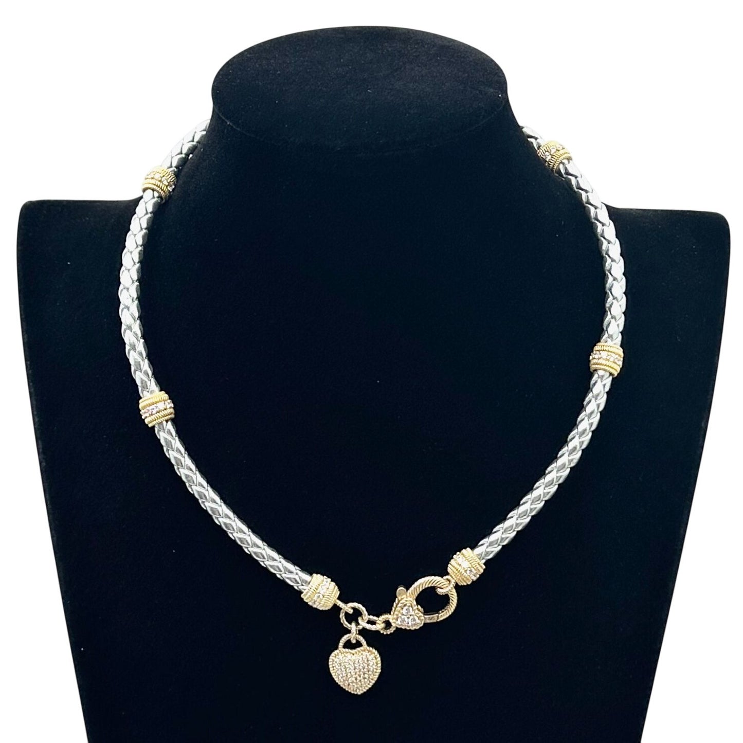 Judith Ripka Necklace 14K Gold Plated Sterling Silver Braided Cord CZ 17 Inch