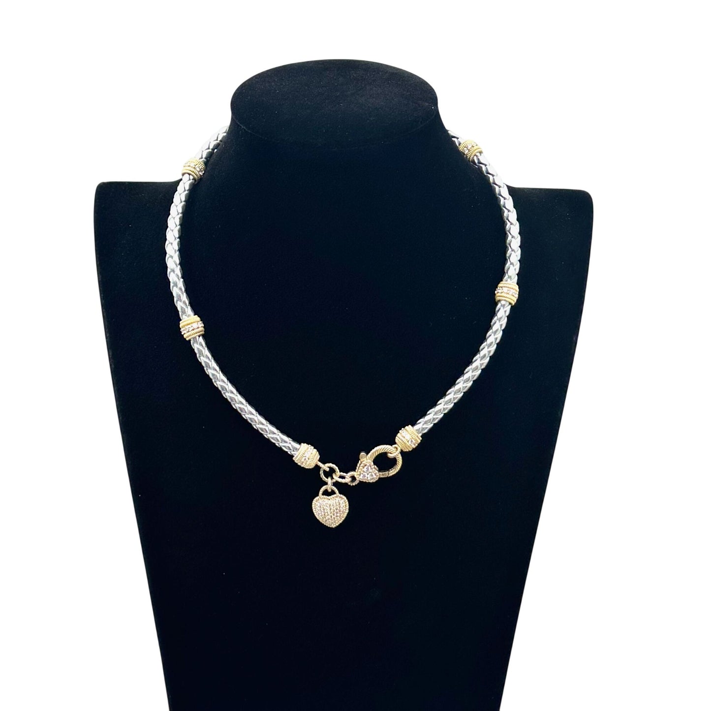 Judith Ripka Necklace 14K Gold Plated Sterling Silver Braided Cord CZ 17 Inch