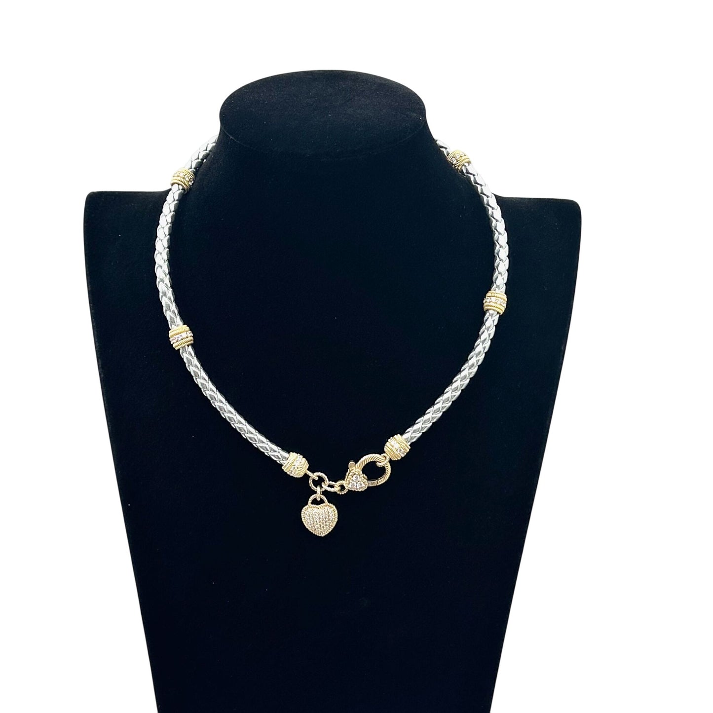 Judith Ripka Necklace 14K Gold Plated Sterling Silver Braided Cord CZ 17 Inch