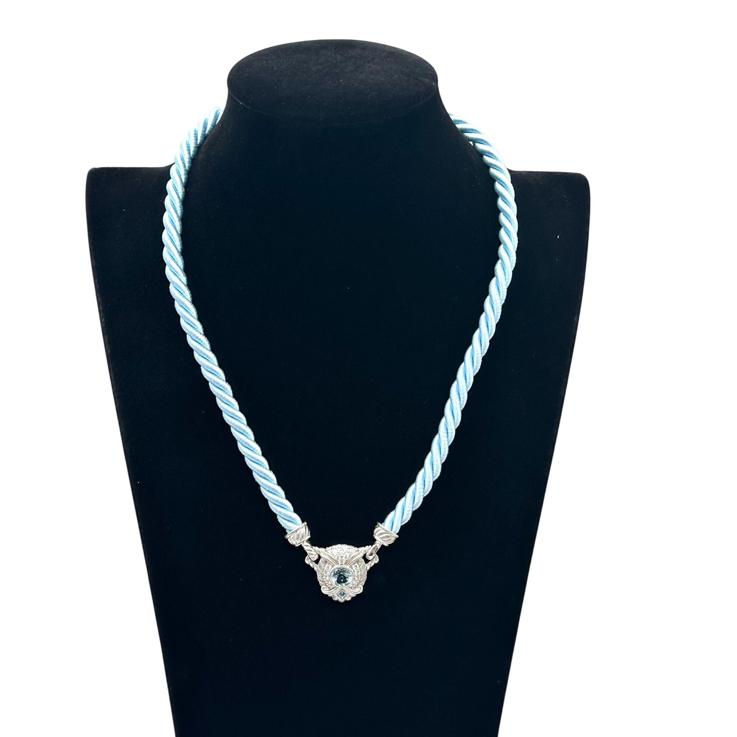 Judith Ripka Necklace Blue Silk Cord Sterling Silver Cubic Zirconia 18 Inch