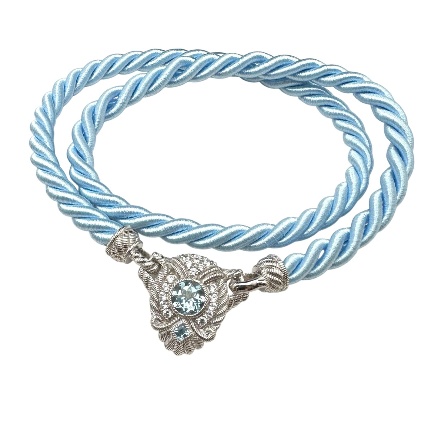Judith Ripka Necklace Blue Silk Cord Sterling Silver Cubic Zirconia 18 Inch