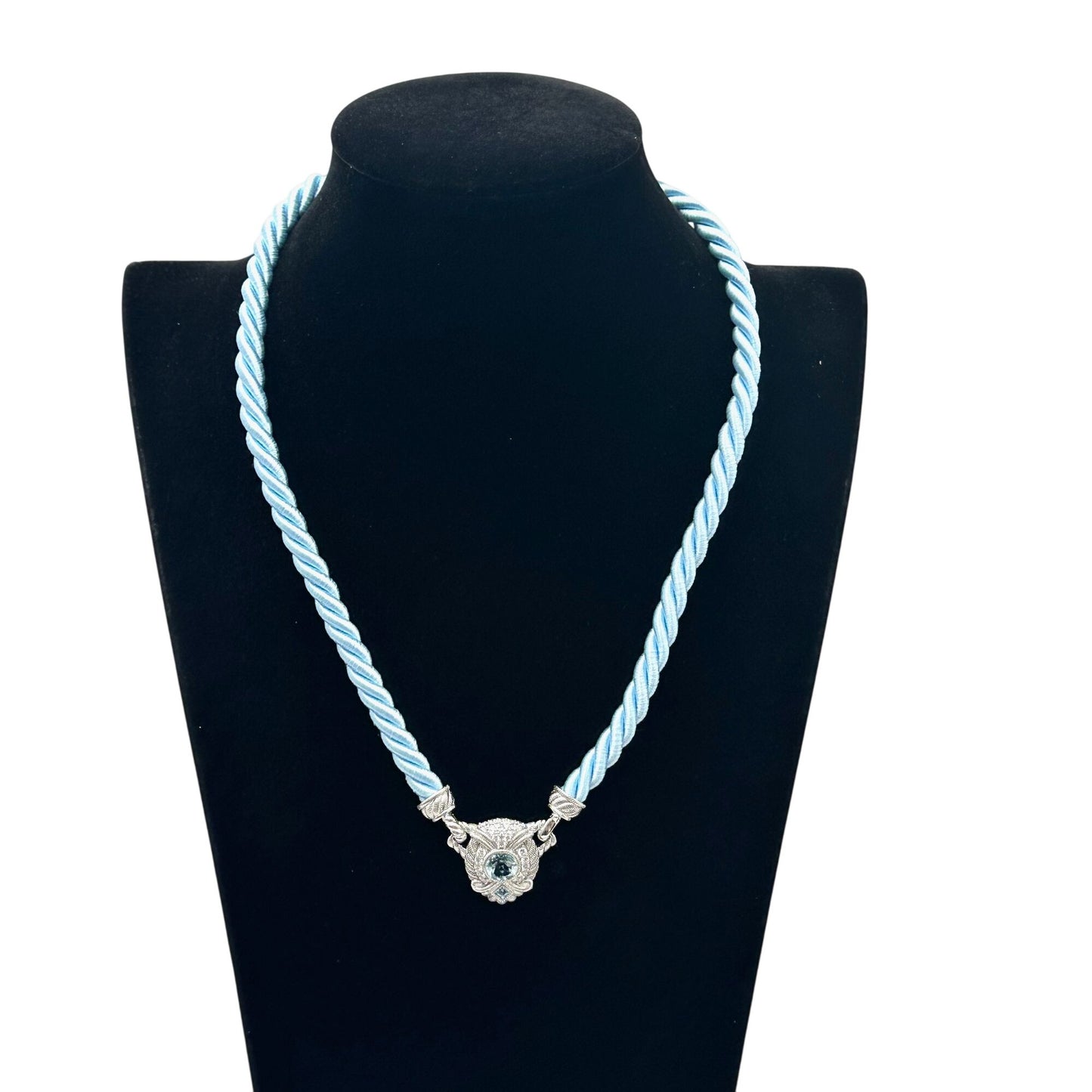 Judith Ripka Necklace Blue Silk Cord Sterling Silver Cubic Zirconia 18 Inch