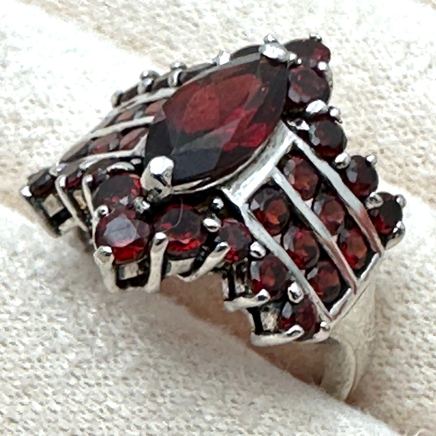 Red Garnet Cluster Sterling Silver Ring Size 7.5 Statement Jewelry
