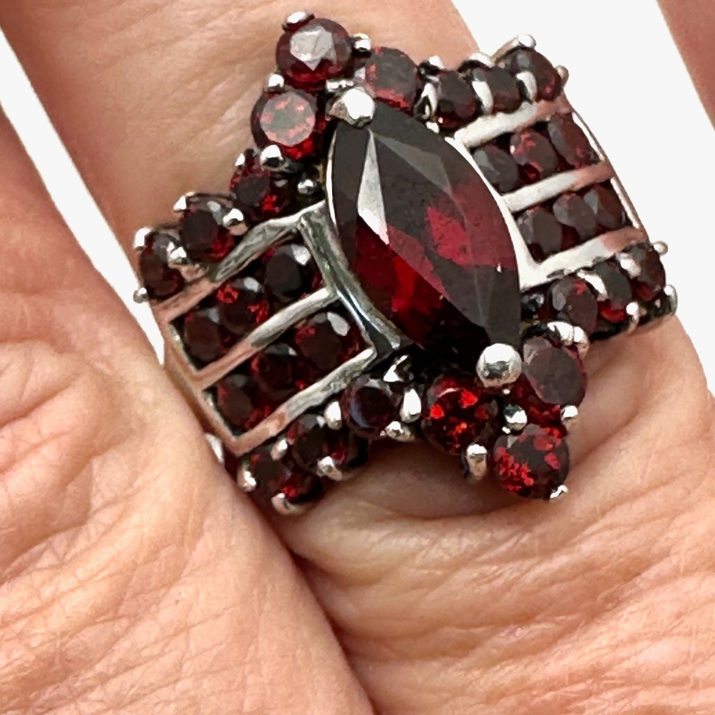 Red Garnet Cluster Sterling Silver Ring Size 7.5 Statement Jewelry