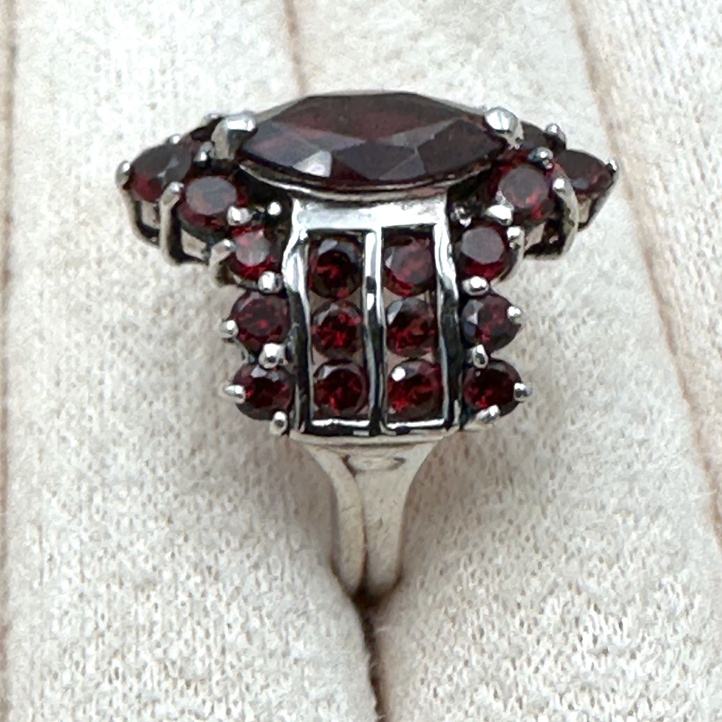 Red Garnet Cluster Sterling Silver Ring Size 7.5 Statement Jewelry