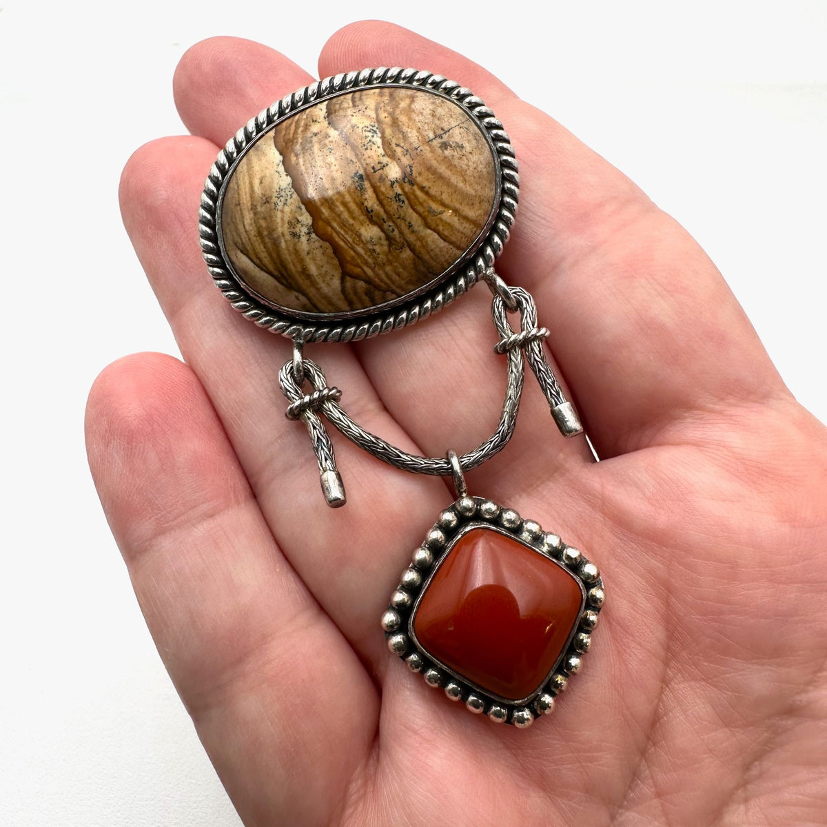 Suarti Coral & Picture Jasper Sterling Silver Pin Pendant 2.5 Inch Indonesian
