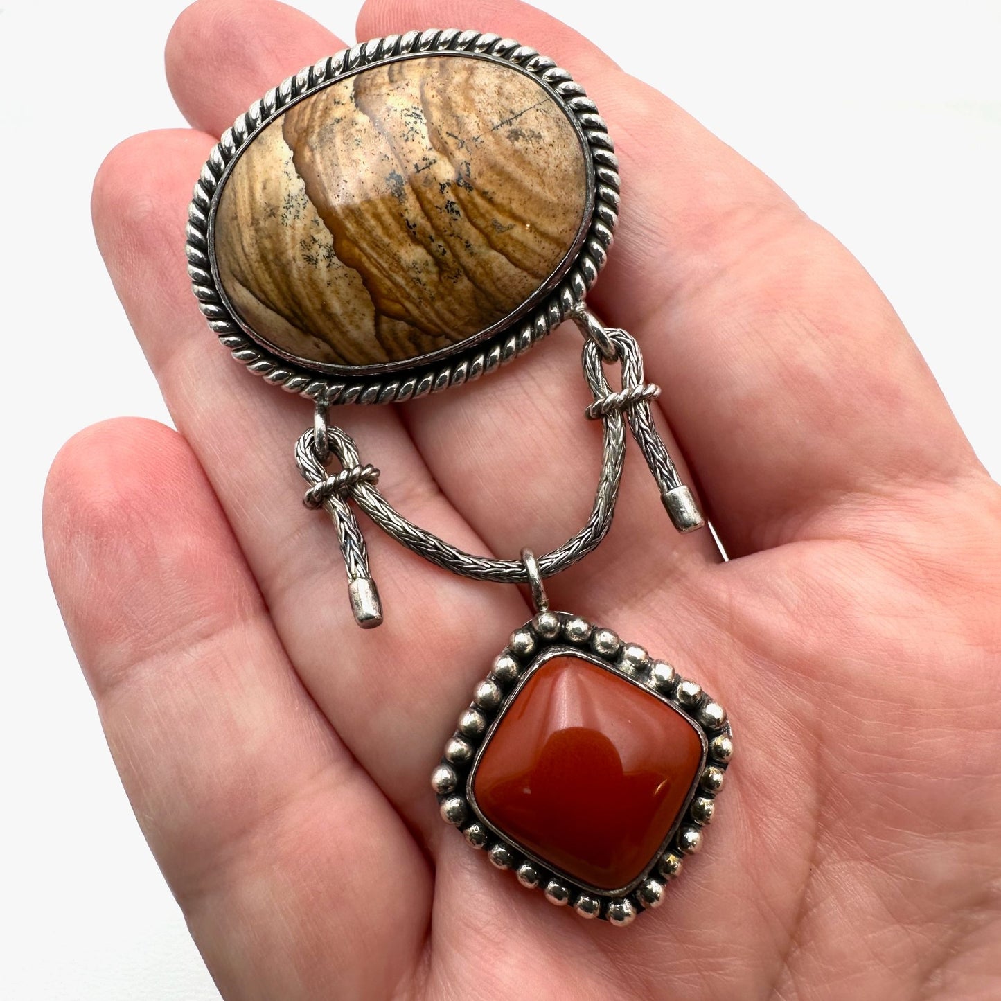 Suarti Coral & Picture Jasper Sterling Silver Pin Pendant 2.5 Inch Indonesian