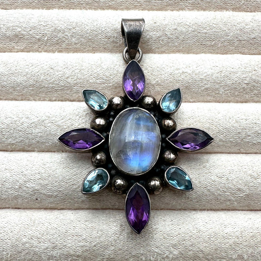 Moonstone Amethyst Blue Topaz Sterling Silver Pendant 2.5 Inch