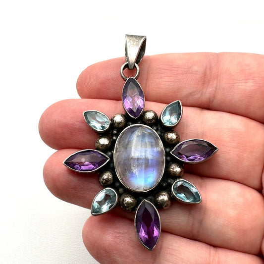 Moonstone Amethyst Blue Topaz Sterling Silver Pendant 2.5 Inch