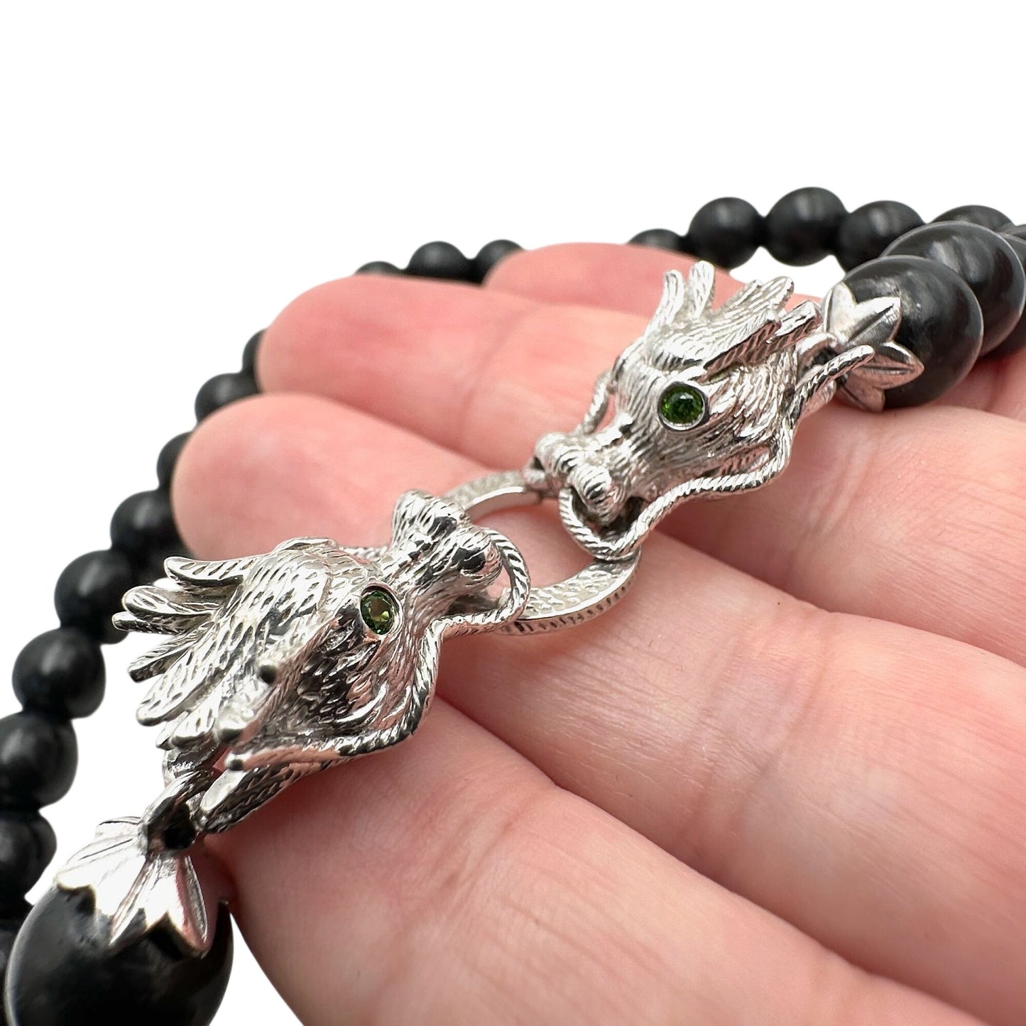 D Joy Dragon Necklace Sterling Silver Black Gemstone Beads 20 Inch