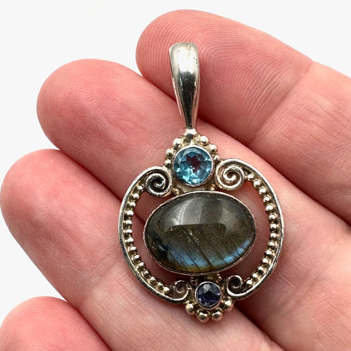 Sajen Blue Topaz Labradorite Sterling Silver Pendant 1.5"