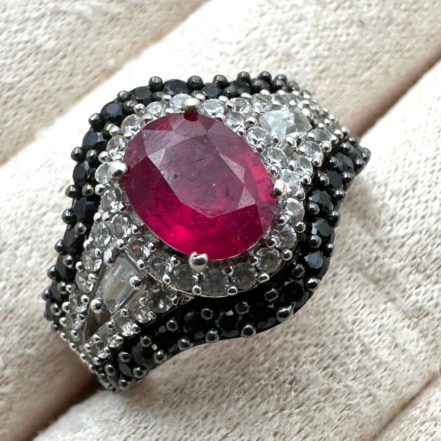 Chuck Clemency Ring Ruby Black Spinel White Topaz Size 8 Sterling Silver