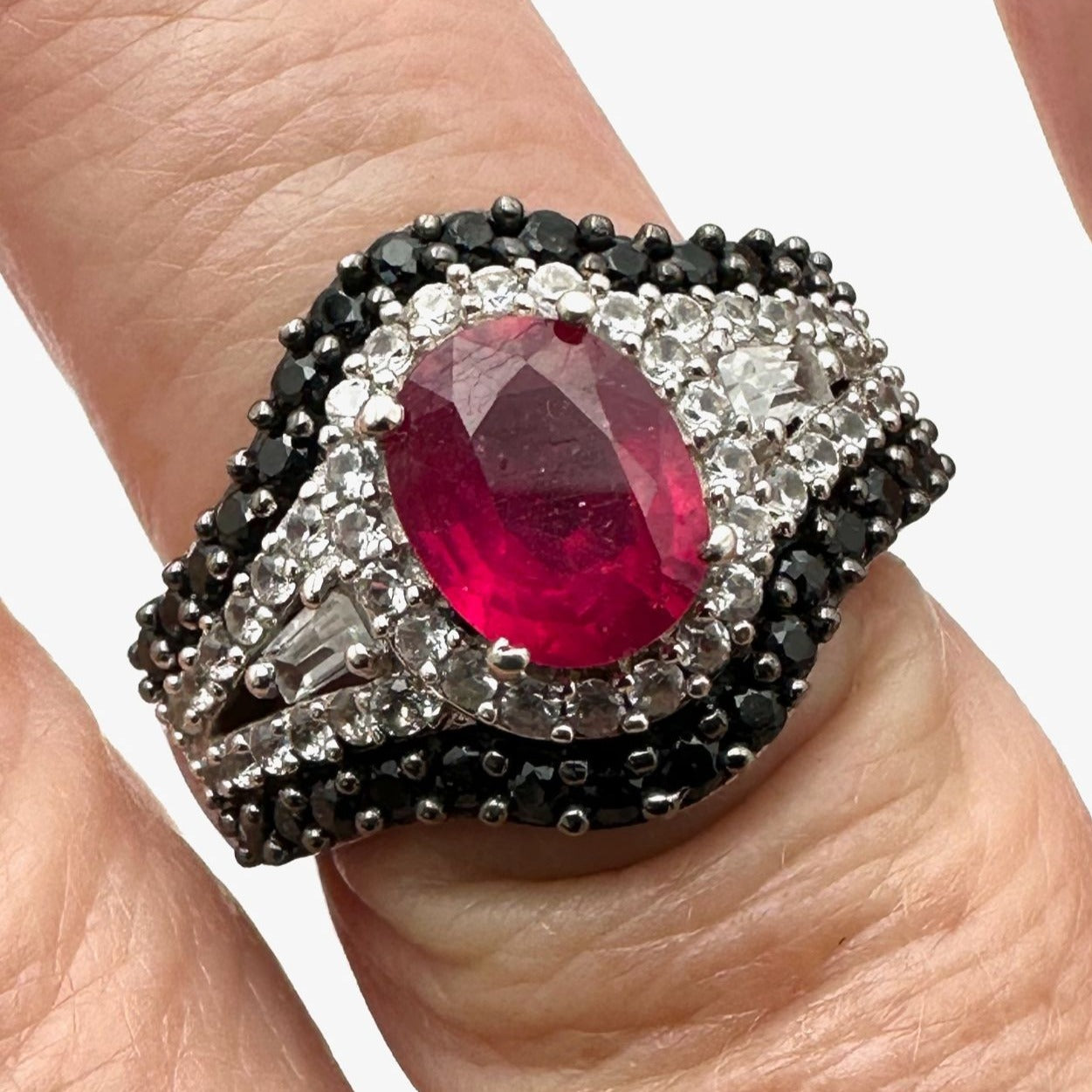 Chuck Clemency Ring Ruby Black Spinel White Topaz Size 8 Sterling Silver