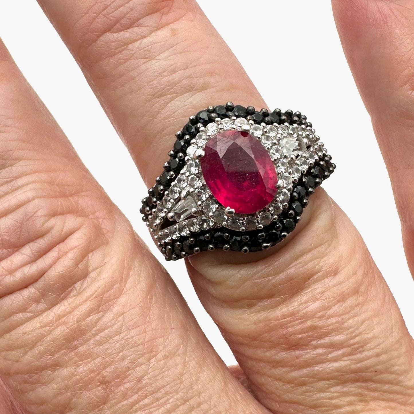 Chuck Clemency Ring Ruby Black Spinel White Topaz Size 8 Sterling Silver