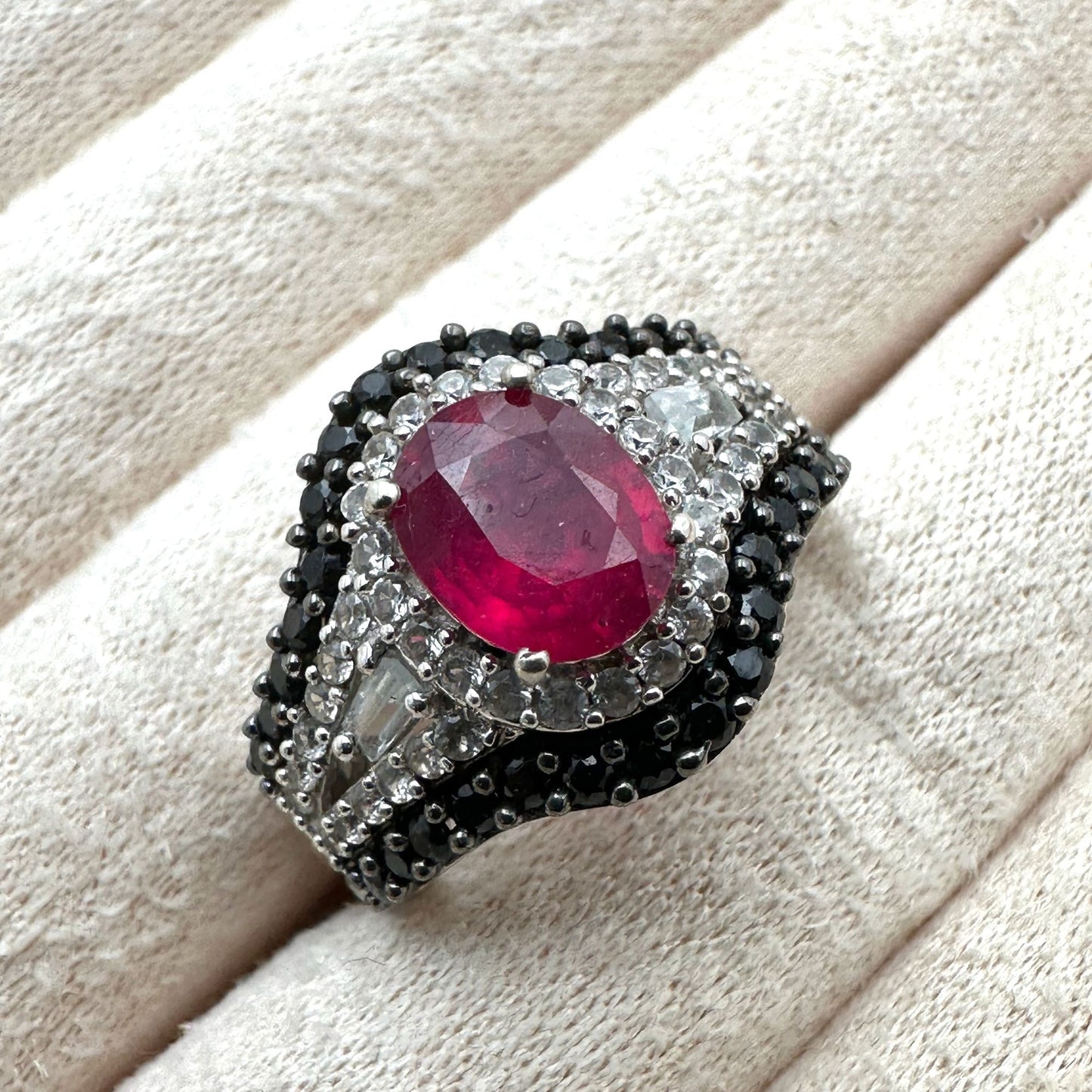 Chuck Clemency Ring Ruby Black Spinel White Topaz Size 8 Sterling Silver