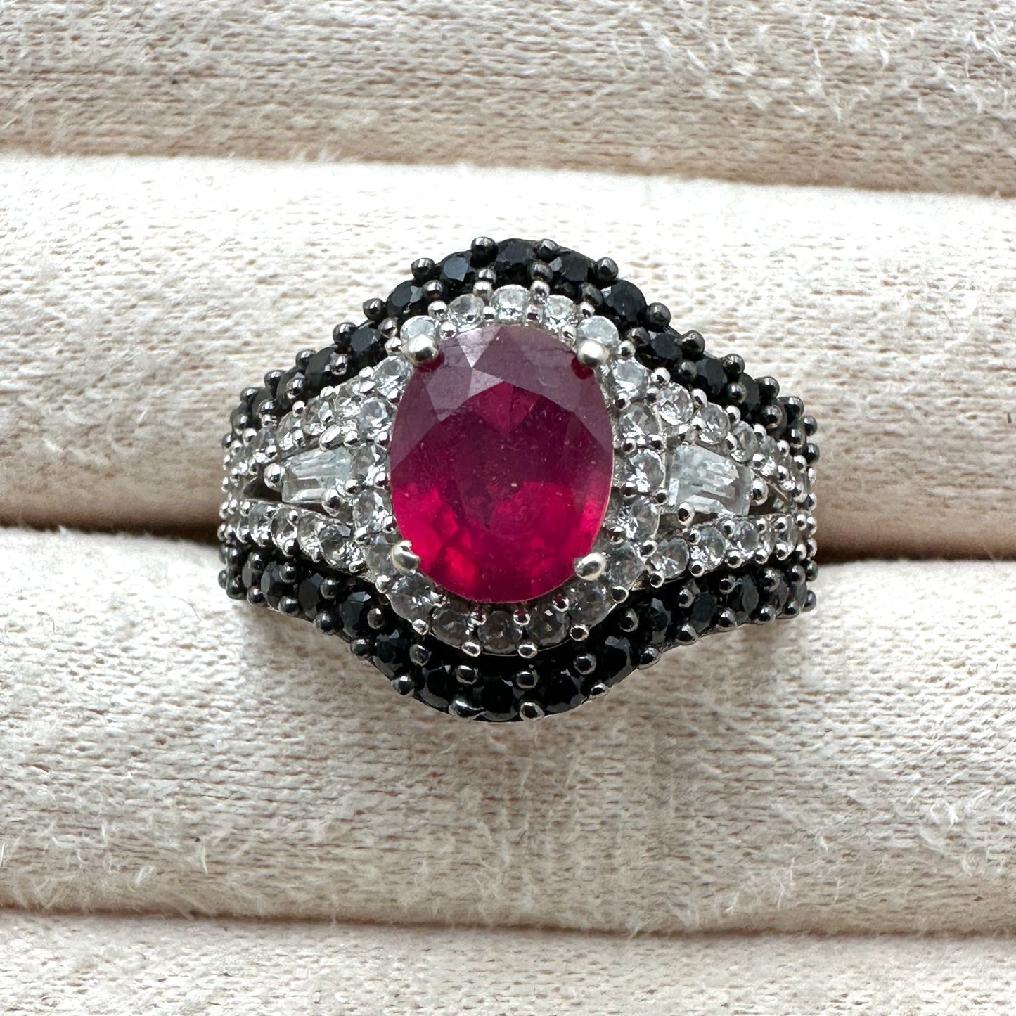 Chuck Clemency Ring Ruby Black Spinel White Topaz Size 8 Sterling Silver