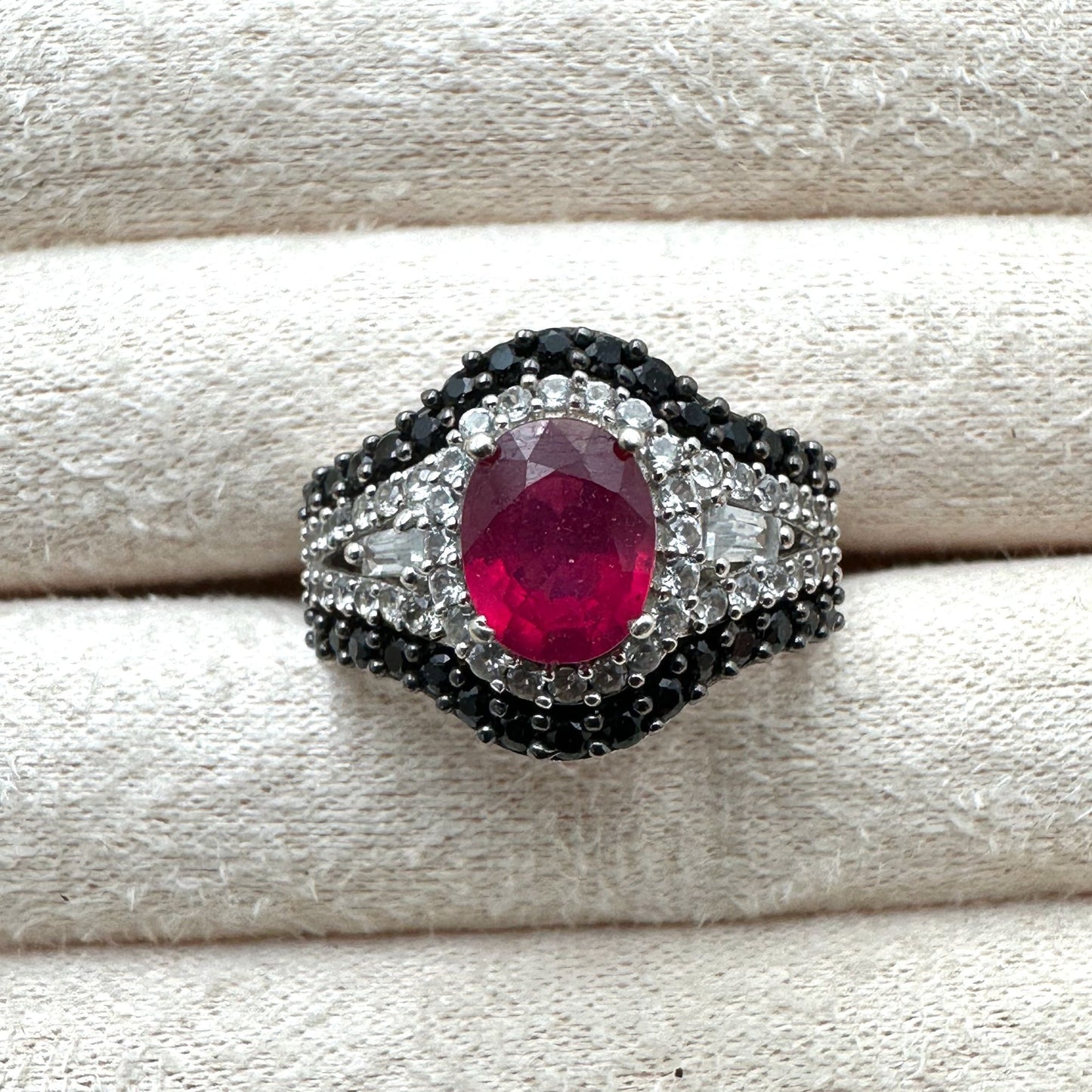 Chuck Clemency Ring Ruby Black Spinel White Topaz Size 8 Sterling Silver