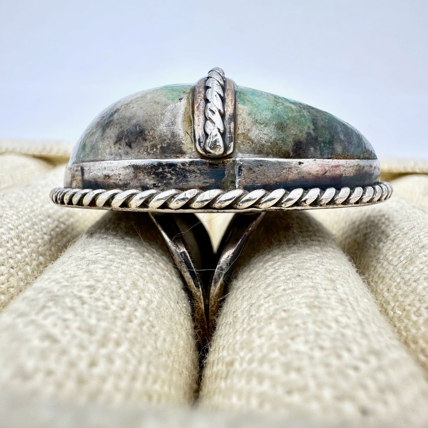 Vintage Native American Huge Domed Green Gemstone Sterling Silver Ring Size 8.5